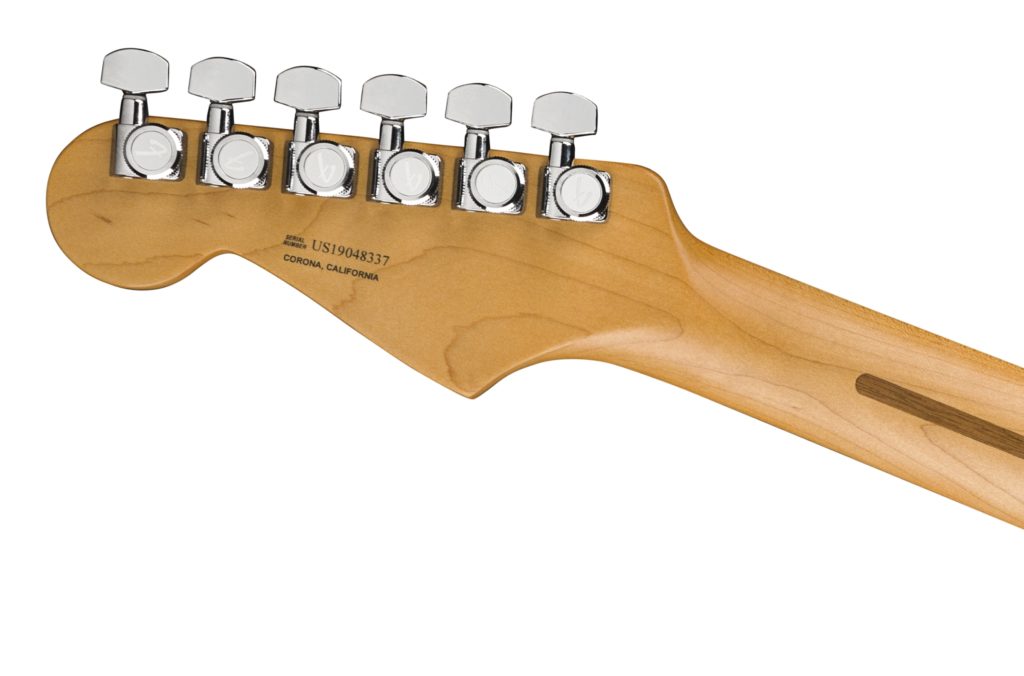 American Ultra Stratocaster back of headstock, serial number and locking tuners